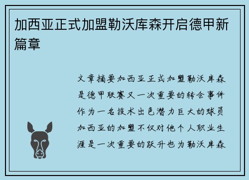 加西亚正式加盟勒沃库森开启德甲新篇章