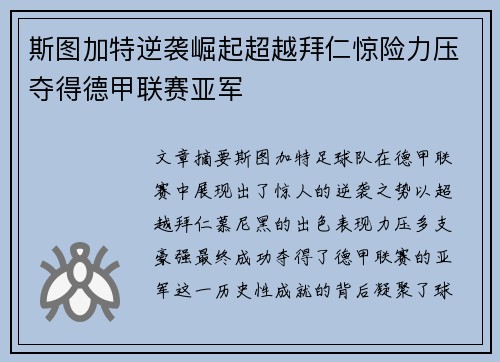 斯图加特逆袭崛起超越拜仁惊险力压夺得德甲联赛亚军