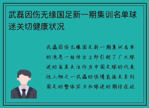 武磊因伤无缘国足新一期集训名单球迷关切健康状况