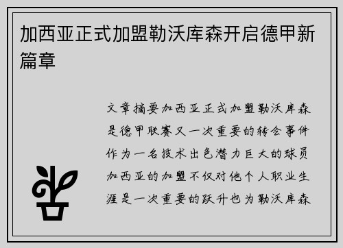 加西亚正式加盟勒沃库森开启德甲新篇章