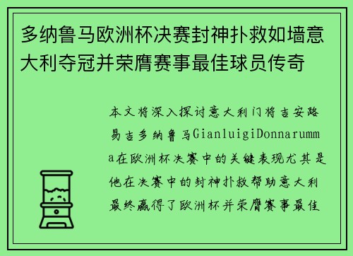多纳鲁马欧洲杯决赛封神扑救如墙意大利夺冠并荣膺赛事最佳球员传奇